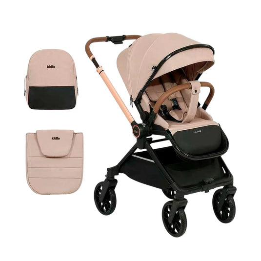 Coche paseador reversible para bebé, con respaldo ajustable, toldo en varias secciones adaptable, sistema de plegado compacto e incluye pañalera - Kidilo