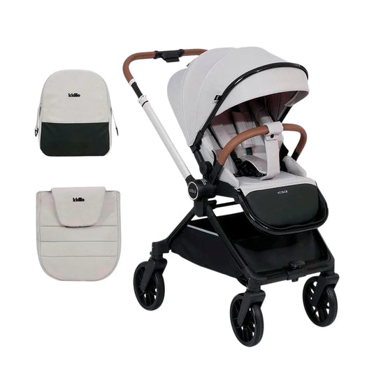 Coche paseador reversible para bebé, con respaldo ajustable, toldo en varias secciones adaptable, sistema de plegado compacto e incluye pañalera - Kidilo