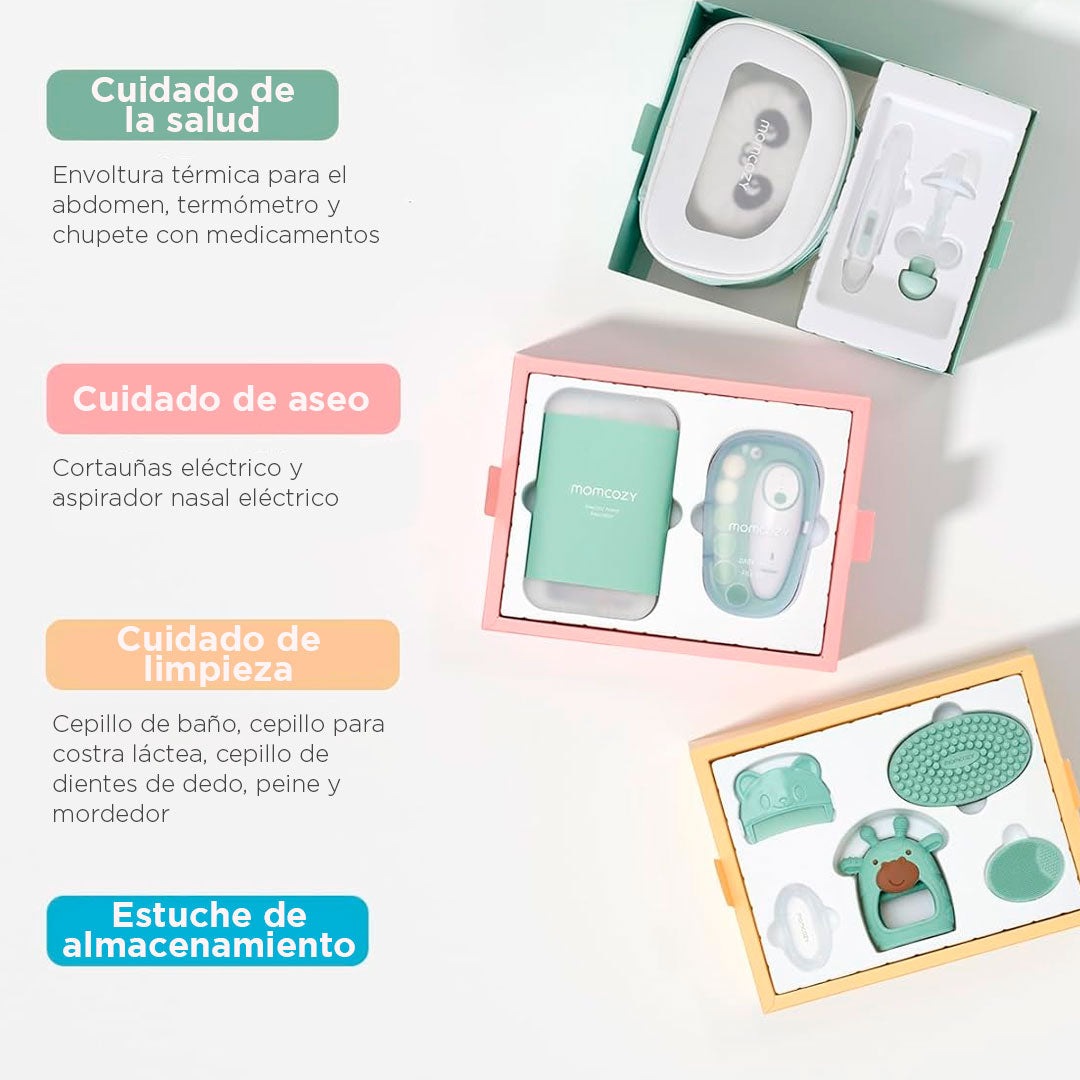 Kit Elite esencial para el cuidado suave del bebé, set de 10 piezas color verde menta para la limpieza, cuidado y aseo del recién nacido, con estuche para facilitar su transporte - Momcozy