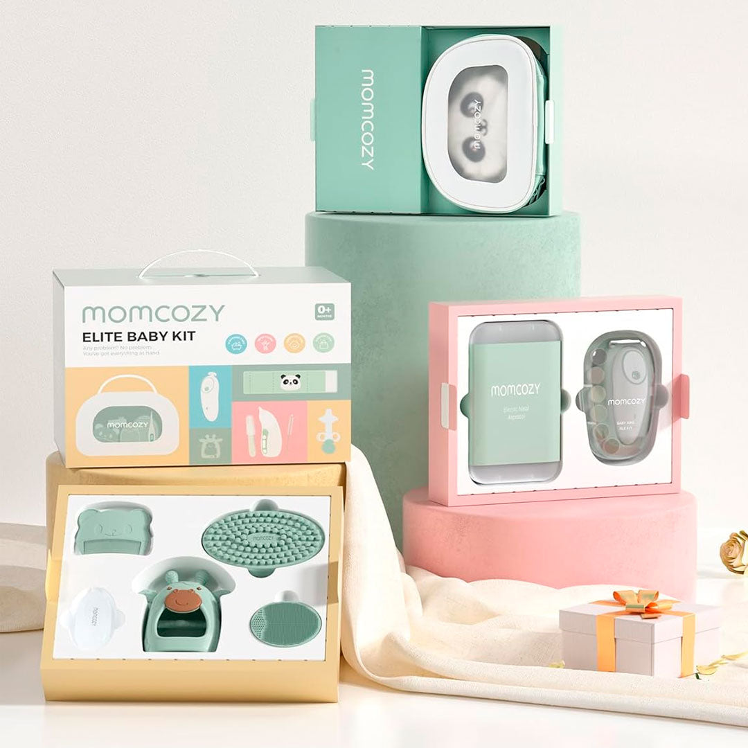 Kit Elite esencial para el cuidado suave del bebé, set de 10 piezas color verde menta para la limpieza, cuidado y aseo del recién nacido, con estuche para facilitar su transporte - Momcozy
