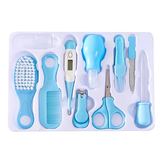 Kit de aseo para bebé recién nacido, set de 10 piezas que incluye termómetro, cortaúñas, tijeras, aspirador nasal, peine, cepillo de cabello, cepillo de dientes y accesorios esenciales para el cuidado del bebé