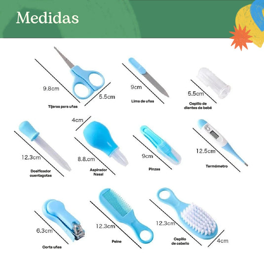 Kit de aseo para bebé recién nacido, set de 10 piezas que incluye termómetro, cortaúñas, tijeras, aspirador nasal, peine, cepillo de cabello, cepillo de dientes y accesorios esenciales para el cuidado del bebé