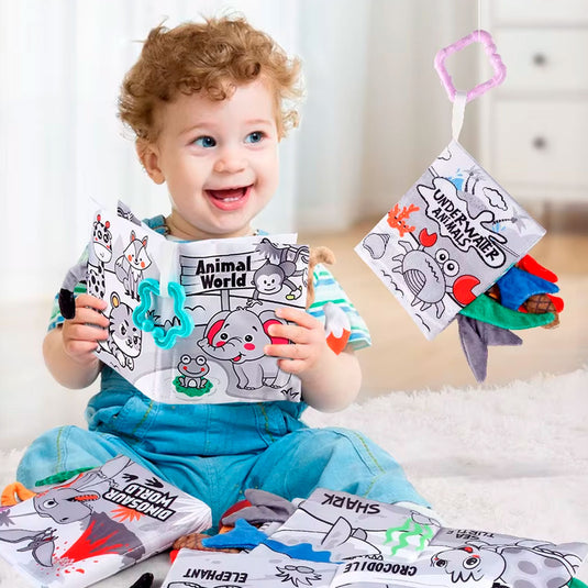 Libro sensorial de tela de alto contraste para bebé, hecho en material suave hipoalergénico, con diseños y colores llamativos, con anillo para colgar