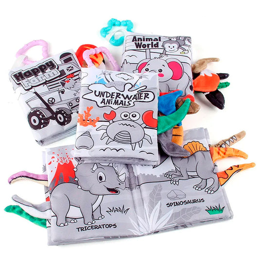 Libro sensorial de tela de alto contraste para bebé, hecho en material suave hipoalergénico, con diseños y colores llamativos, con anillo para colgar