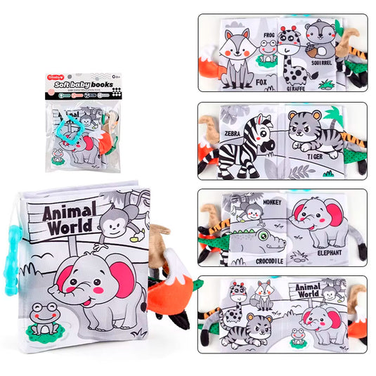 Libro sensorial de tela de alto contraste para bebé, hecho en material suave hipoalergénico, con diseños y colores llamativos, con anillo para colgar