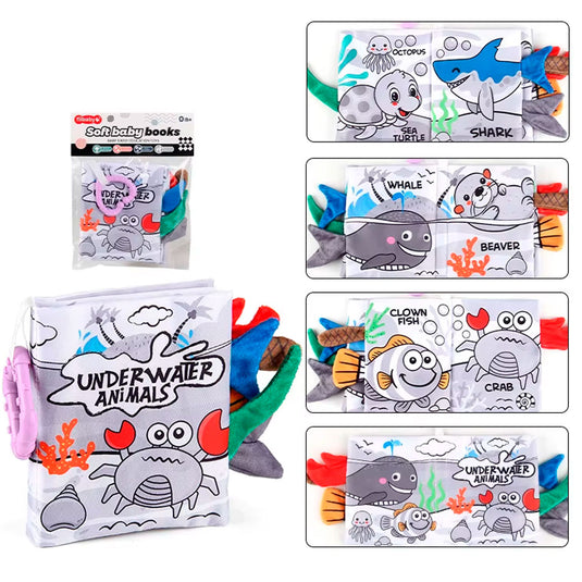 Libro sensorial de tela de alto contraste para bebé, hecho en material suave hipoalergénico, con diseños y colores llamativos, con anillo para colgar