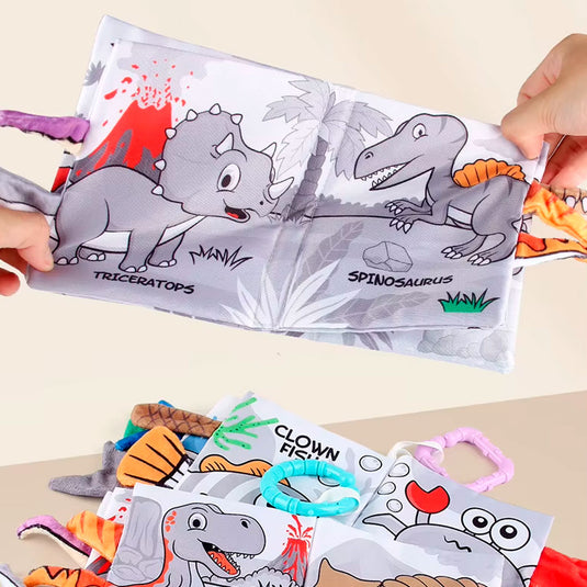 Libro sensorial de tela de alto contraste para bebé, hecho en material suave hipoalergénico, con diseños y colores llamativos, con anillo para colgar