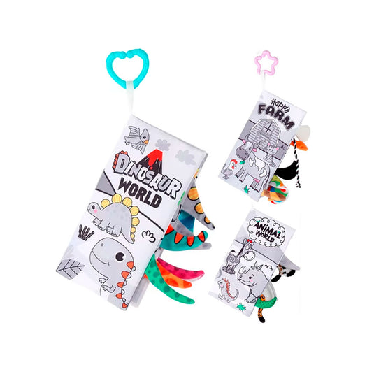 Libro sensorial de tela de contraste para bebé, con diferentes texturas y sonidos al tacto, hecho en material suave e hipoalergénico