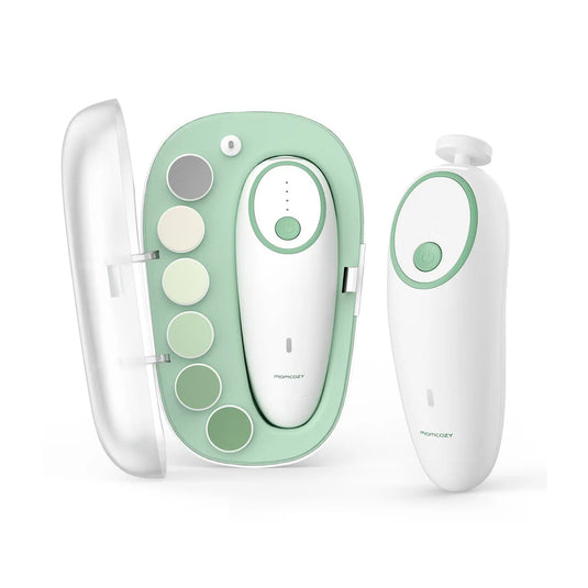 Lima eléctrica de uñas para bebé color verde menta, cortaúñas delicado y de bajo sonido con luz nocturna, con repuestos de cabezal, larga duración de la batería - Momcozy