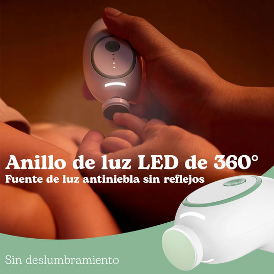 Lima eléctrica de uñas para bebé color verde menta, cortaúñas delicado y de bajo sonido con luz nocturna, con repuestos de cabezal, larga duración de la batería - Momcozy