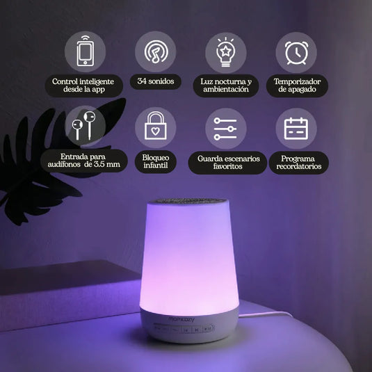 Máquina de ruido blanco y luz nocturna para bebé, 34 sonidos relajantes, 7 colores de luz, temporizador y control remoto por app, entrenador de sueño - Momcozy