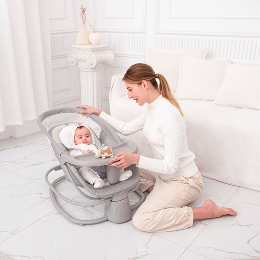 Silla mecedora eléctrica  2.0 multifuncional 4 en 1 , con conexión Bluetooth, velocidades ajustables, posiciones de reclinado, temporizador y melodías pregrabadas - Mastela