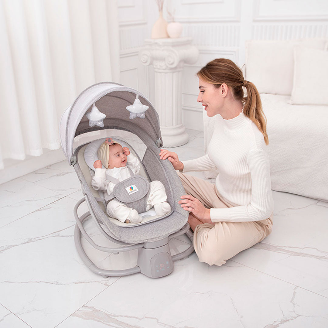 Silla mecedora eléctrica 2.0 multifuncional 4 en 1 , con conexión Bluetooth, velocidades ajustables, posiciones de reclinado, temporizador y melodías pregrabadas - Mastela