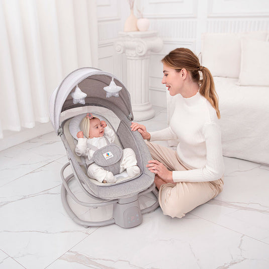 Silla mecedora eléctrica  2.0 multifuncional 4 en 1 , con conexión Bluetooth, velocidades ajustables, posiciones de reclinado, temporizador y melodías pregrabadas - Mastela