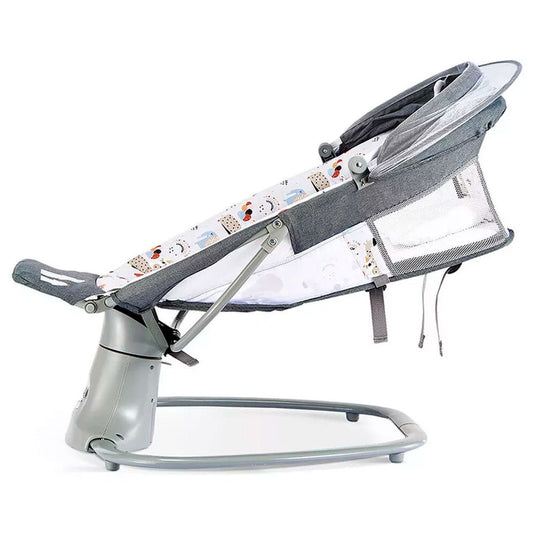 Silla mecedora eléctrica con diseños estampados, espaldar ajustable y temporizador, incluye mosquitero y móviles, con melodías pregrabadas - Mastela