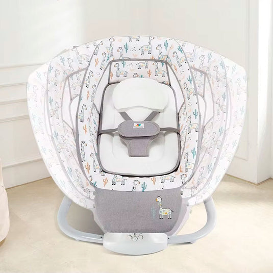 Silla mecedora eléctrica con diseños estampados, espaldar ajustable y temporizador, incluye mosquitero y móviles, con melodías pregrabadas - Mastela