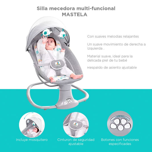 Silla mecedora eléctrica con velocidades, temporizador, mosquitero, música y móviles - Mastela