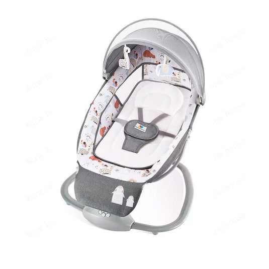 Silla mecedora eléctrica con diseños estampados, espaldar ajustable y temporizador, incluye mosquitero y móviles, con melodías pregrabadas - Mastela