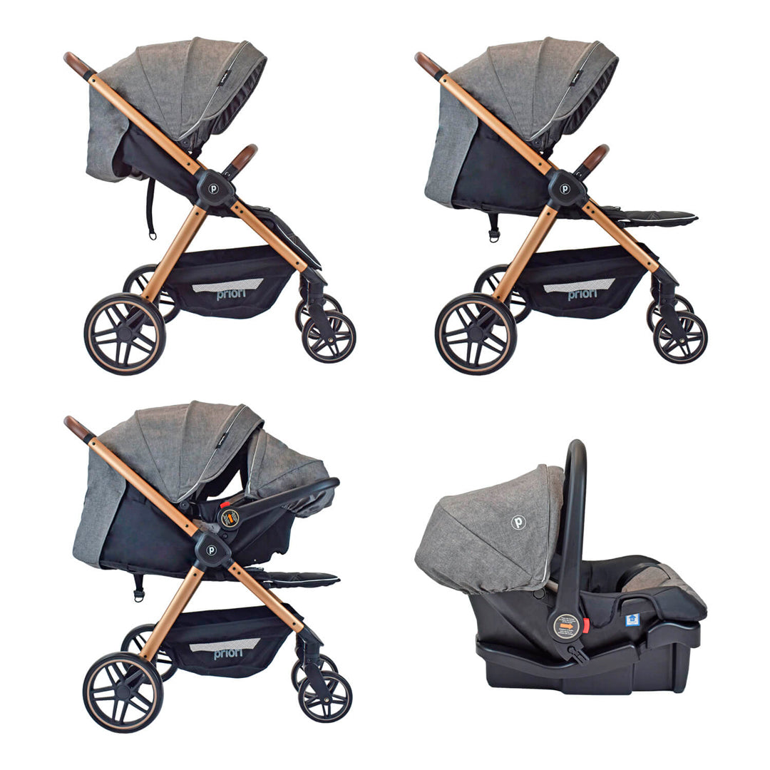 Coche paseador con Portabebés Maverick4, detalles en eco-cuero, canasta de almacenamiento, posición ajustable - PRIORI