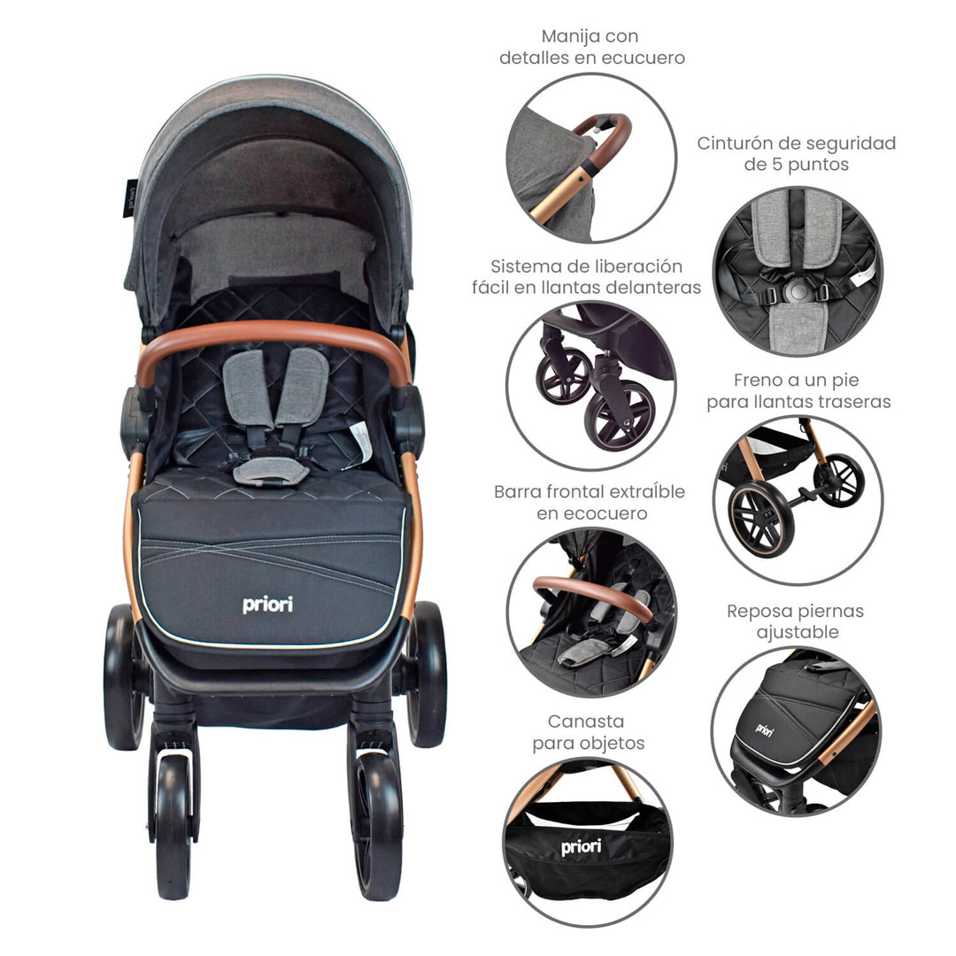 Coche paseador con Portabebés Maverick4, detalles en eco-cuero, canasta de almacenamiento, posición ajustable - PRIORI