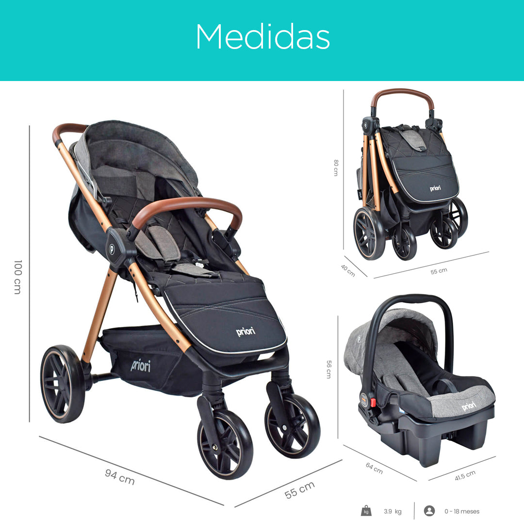 Coche paseador con Portabebés Maverick4, detalles en eco-cuero, canasta de almacenamiento, posición ajustable - PRIORI