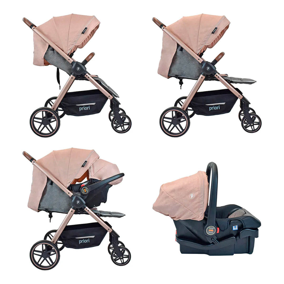 Coche paseador con Portabebés Maverick4, detalles en eco-cuero, canasta de almacenamiento, posición ajustable - PRIORI