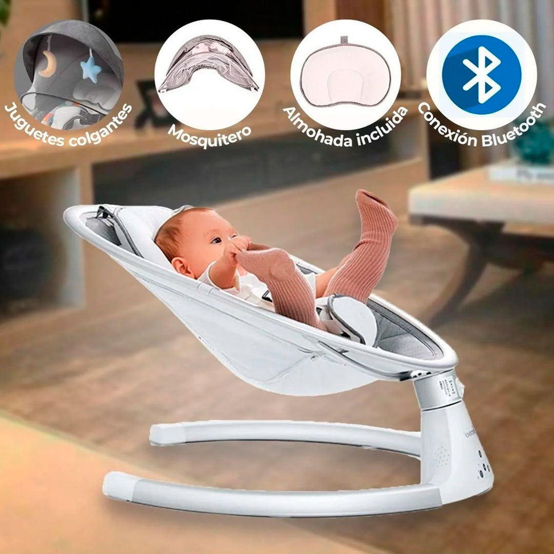 Silla mecedora eléctrica de movimiento oscilatorio, con 5 niveles de velocidad, con melodías preestablecidas y conexión Bluetooth
