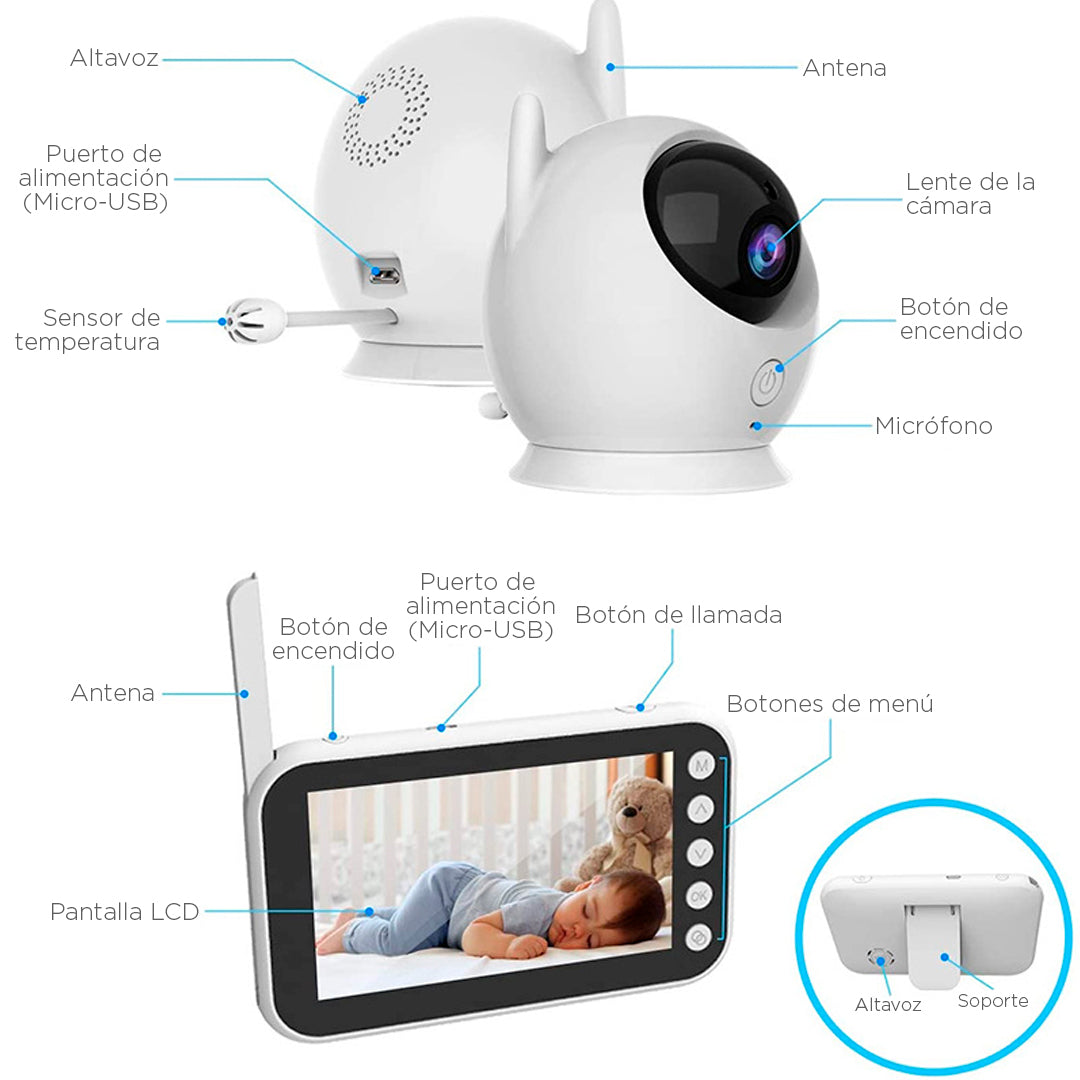 Monitor de 360° para bebé, con pantalla LCD HD de 4,3 Pulgadas, audio bidireccional, monitoreo de temperatura interior y melodías de cuna
