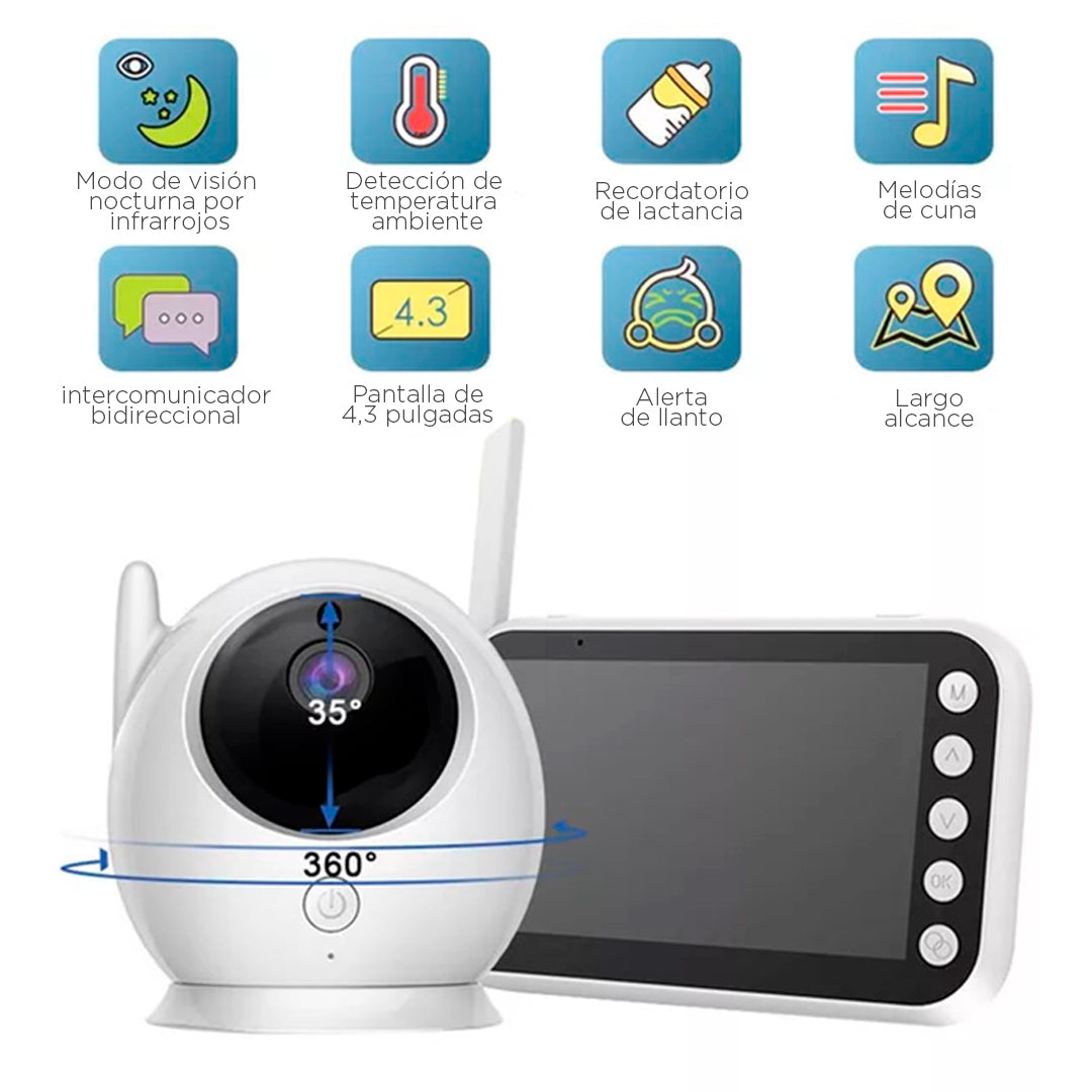 Monitor de 360° para bebé, con pantalla LCD HD de 4,3 Pulgadas, audio bidireccional, monitoreo de temperatura interior y melodías de cuna