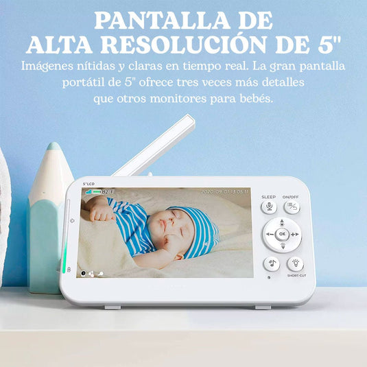 Monitor con cámara 360° para bebé con pantalla LCD 5", funcionamiento inalámbrico, pantalla digital, visión nocturna por infrarrojos y intercomunicador bidireccional, con función de sensor de temperatura y melodías integradas