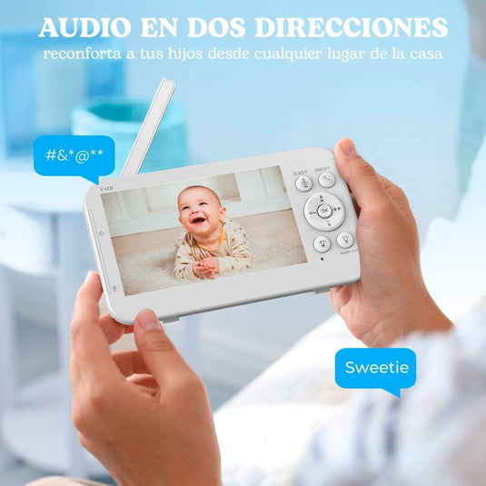 Monitor con cámara 360° para bebé con pantalla LCD 5", funcionamiento inalámbrico, pantalla digital, visión nocturna por infrarrojos y intercomunicador bidireccional, con función de sensor de temperatura y melodías integradas