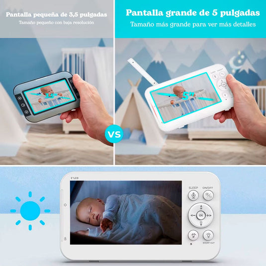 Monitor con cámara 360° para bebé con pantalla LCD 5", funcionamiento inalámbrico, pantalla digital, visión nocturna por infrarrojos y intercomunicador bidireccional, con función de sensor de temperatura y melodías integradas