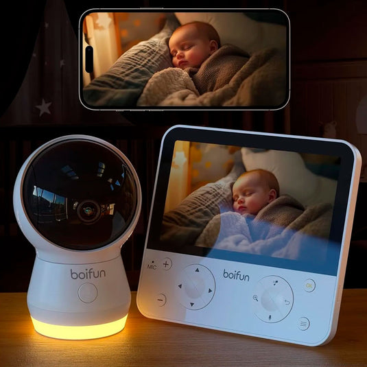 Monitor de 5.5" con cámara y conexión al celular por Wifi, ayuda de IA incorporada, luz nocturna incorporada, cámara con rotación 360°, visión nocturna y ajuste de zoom x4, detección de movimiento o sonido fuerte - BOIFUN