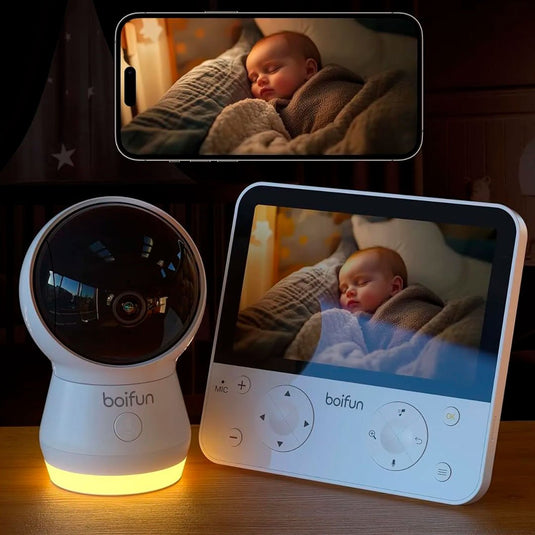 Monitor de 5.5" con cámara y conexión al celular por Wifi, ayuda de IA incorporada, luz nocturna incorporada, cámara con rotación 360°, visión nocturna y ajuste de zoom x4, detección de movimiento o sonido fuerte - BOIFUN