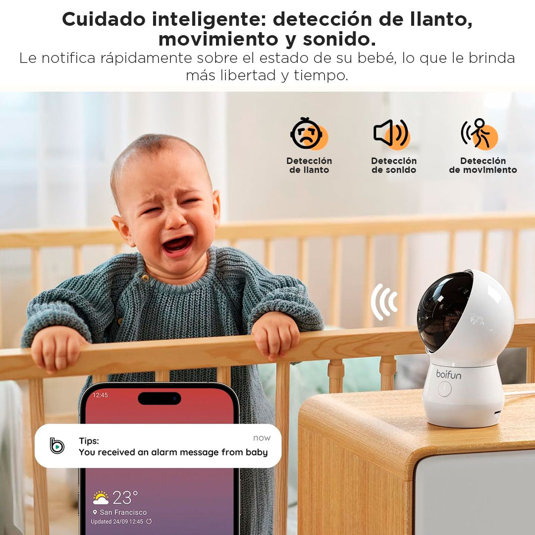 Monitor de 5.5" con cámara y conexión al celular por Wifi, ayuda de IA incorporada, luz nocturna incorporada, cámara con rotación 360°, visión nocturna y ajuste de zoom x4, detección de movimiento o sonido fuerte - BOIFUN