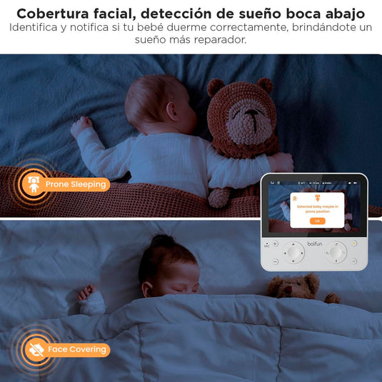 Monitor de 5.5" con cámara y conexión al celular por Wifi, ayuda de IA incorporada, luz nocturna incorporada, cámara con rotación 360°, visión nocturna y ajuste de zoom x4, detección de movimiento o sonido fuerte - BOIFUN