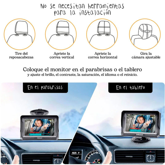 Monitor de 4.3" HD 1080P con cámara para carro, con ángulo de visión ajustable de 150°, fácil de instalar en el carro, de configuración intuitiva de brillo, contraste y saturación