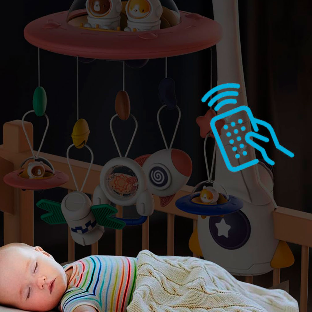 Móvil para cuna Platillo volador con animalitos, melodías de cuna, cuenta con control remoto, proyección de luces, con juguetes colgantes