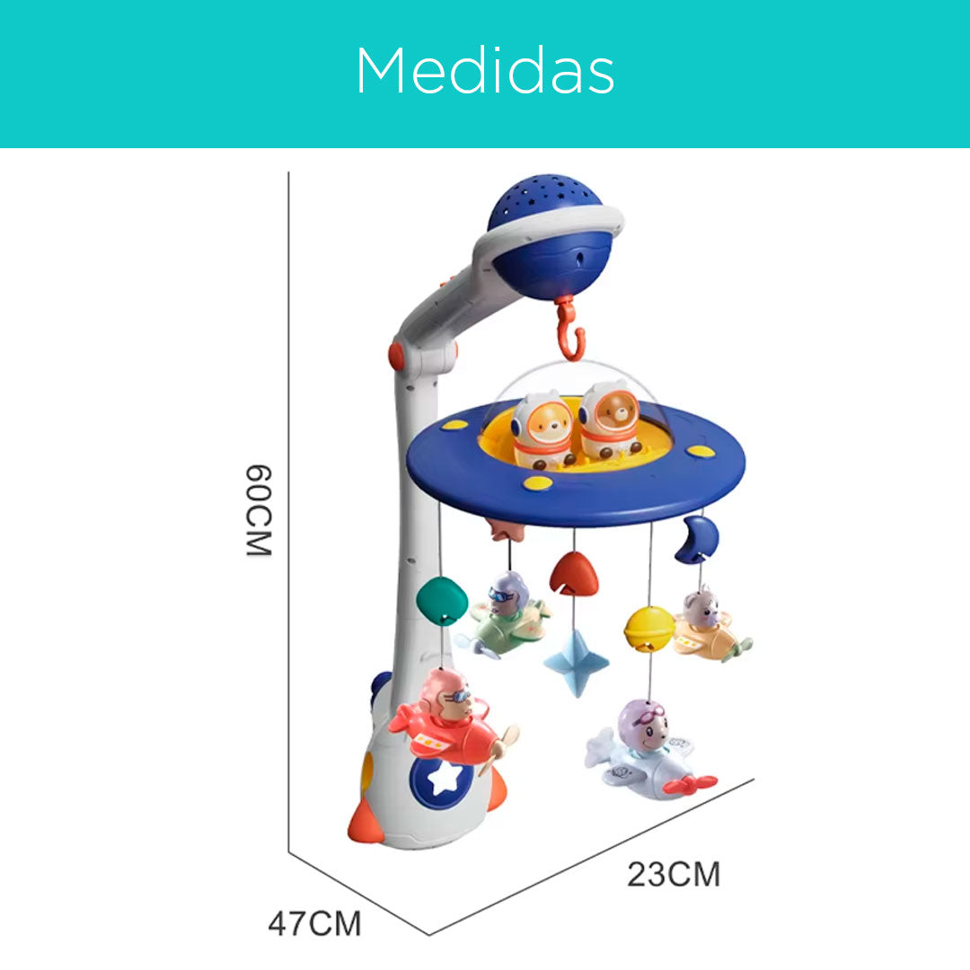 Móvil para cuna Platillo volador con animalitos, melodías de cuna, cuenta con control remoto, proyección de luces, con juguetes colgantes