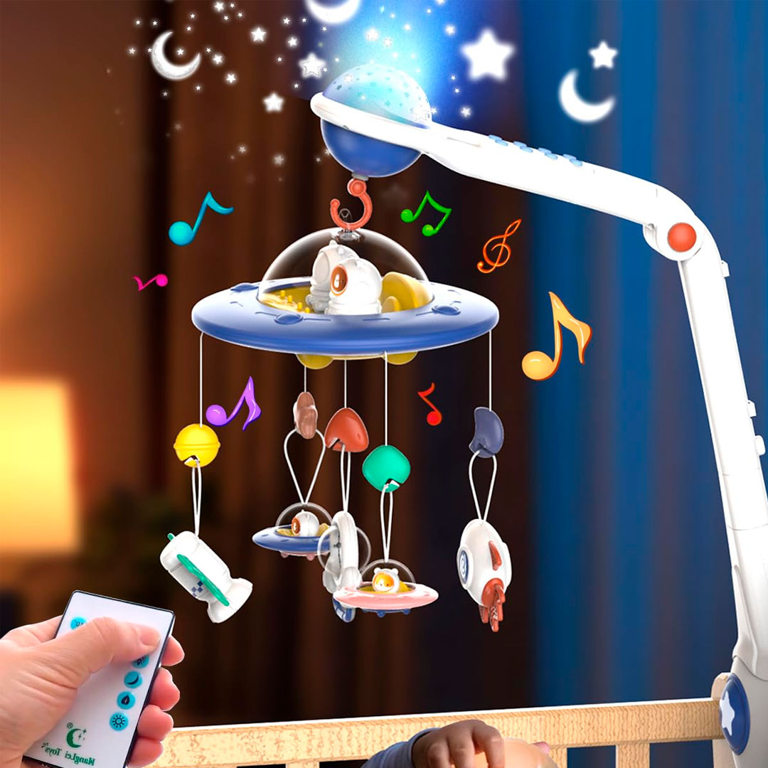 Móvil para cuna Platillo volador con animalitos, melodías de cuna, cuenta con control remoto, proyección de luces, con juguetes colgantes