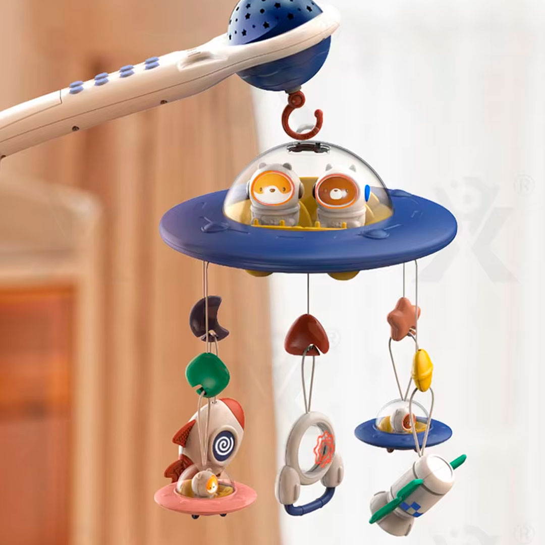 Móvil para cuna Platillo volador con animalitos, melodías de cuna, cuenta con control remoto, proyección de luces, con juguetes colgantes