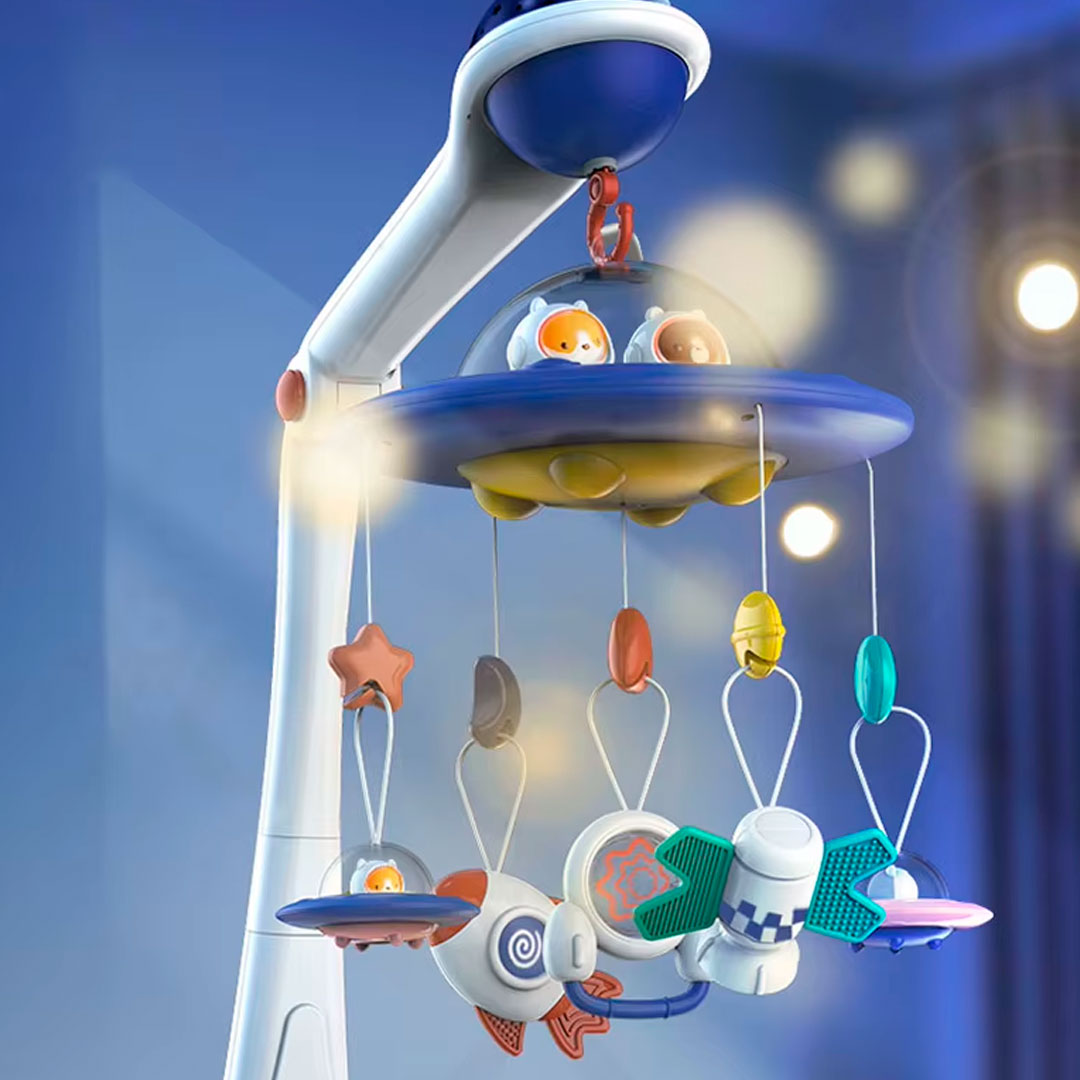 Móvil para cuna Platillo volador con animalitos, melodías de cuna, cuenta con control remoto, proyección de luces, con juguetes colgantes