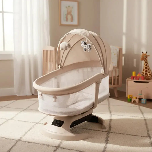 Mecedora eléctrica InfiniOrbit para bebé con balanceo, vibración, Bluetooth, temporizador, asiento reclinable y barra de juguetes - Mastela