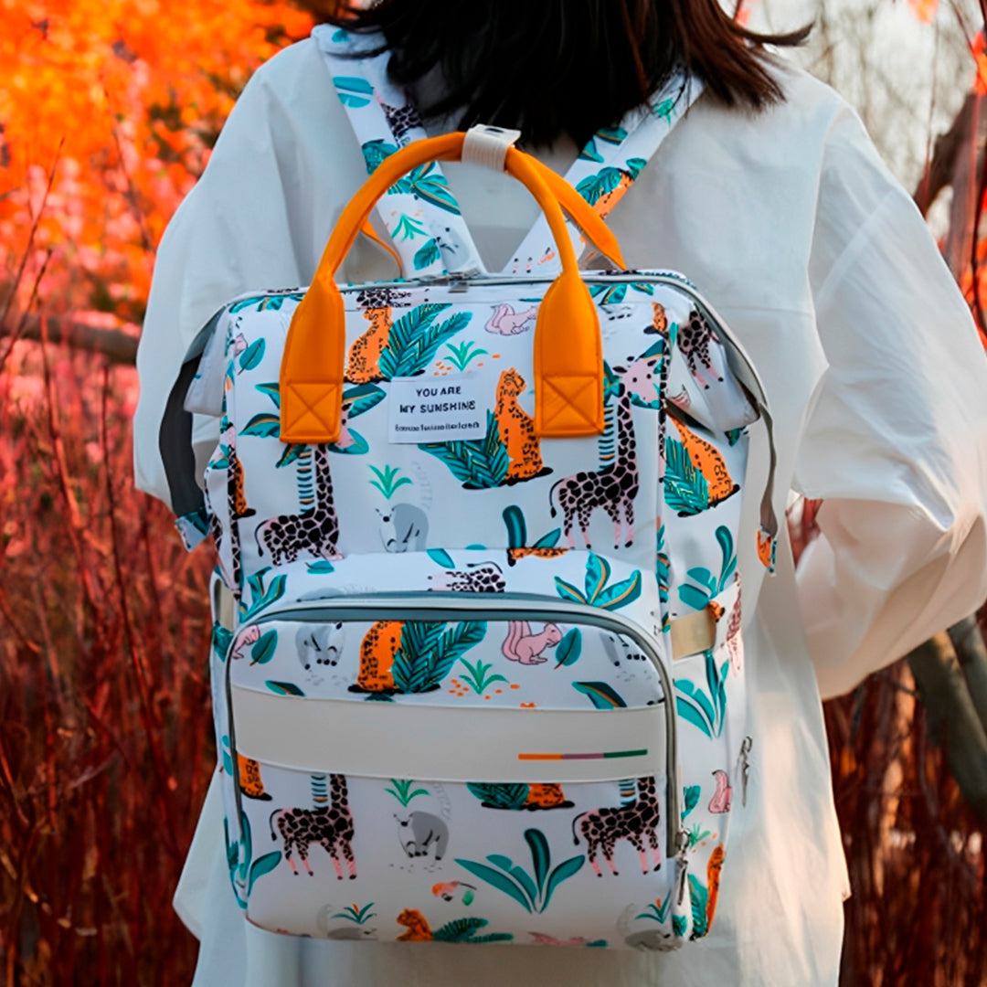 Sunshine - Pañalera estampada para bebé con bolsillo térmico y soporte para coche