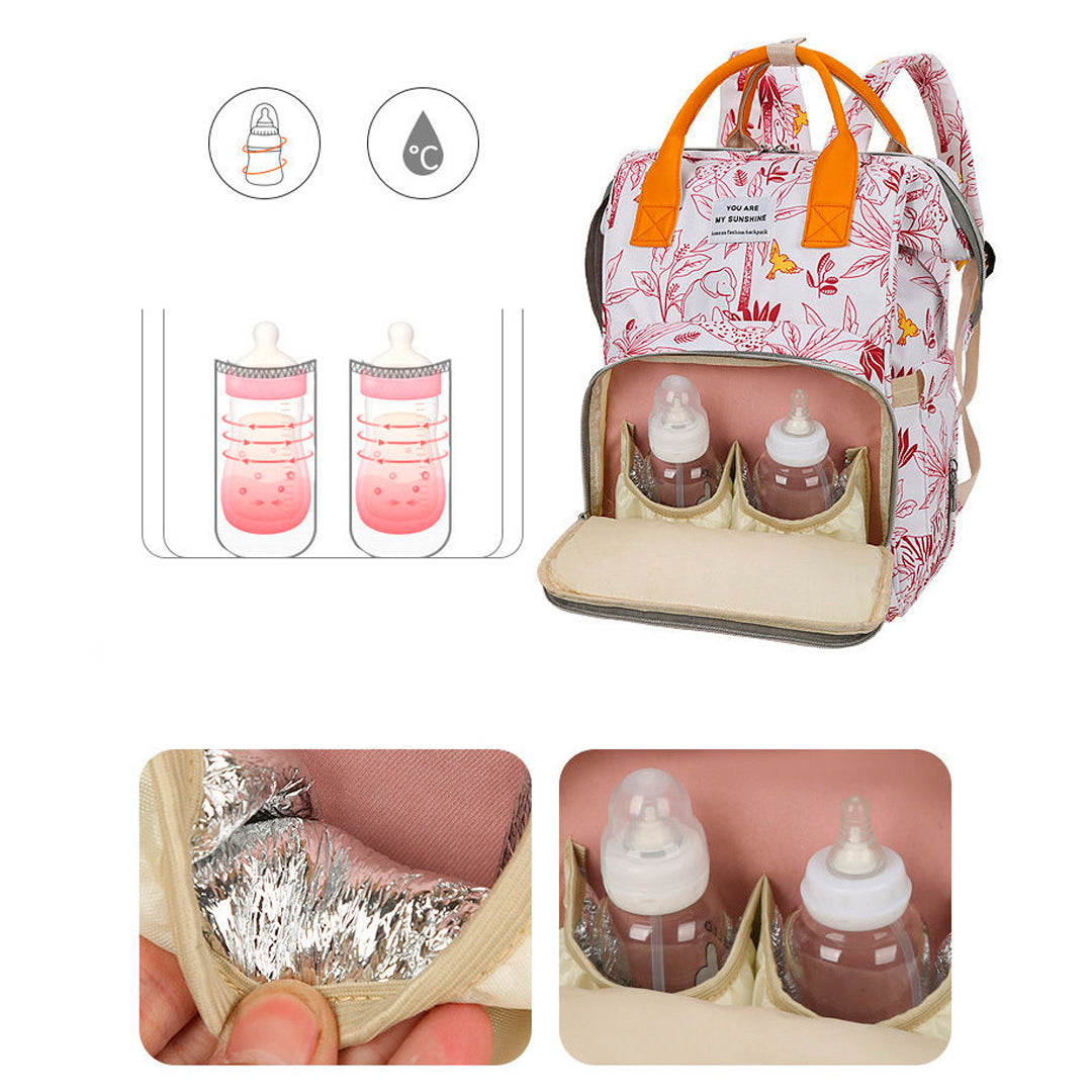 Sunshine - Pañalera estampada para bebé con bolsillo térmico y soporte para coche