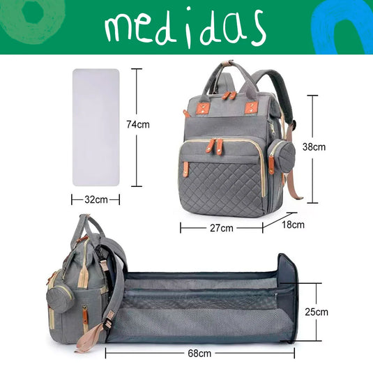 Pañalera moisés con monedero Gris premium para bebés, multifuncional con cuna-cambiador incorporado, de gran capacidad y múltiples compartimentos