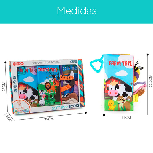 Paquete de 3 libros sensoriales de tela con motivos de animales y diferentes texturas