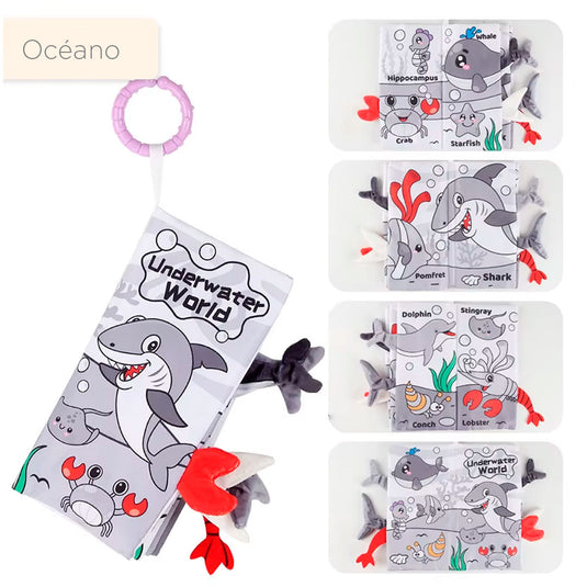 Paquete x4 libros sensoriales de tela de contraste, con diferentes texturas y sonidos al tacto, hecho en material suave e hipoalergénico