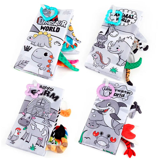 Libro sensorial de tela de contraste para bebé, con diferentes texturas y sonidos al tacto, hecho en material suave e hipoalergénico