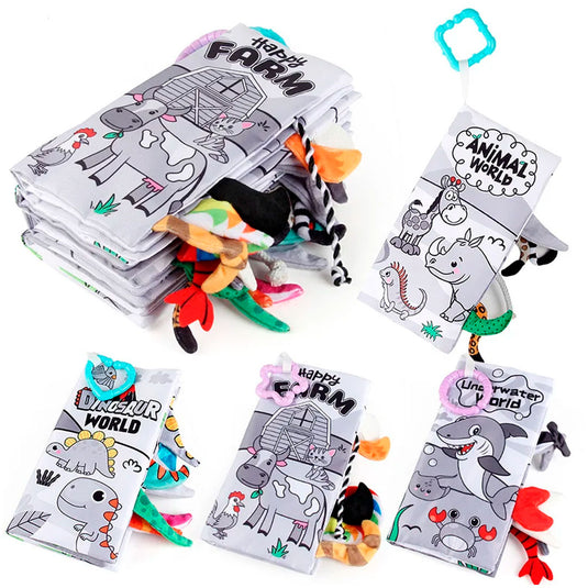 Libro sensorial de tela de contraste para bebé, con diferentes texturas y sonidos al tacto, hecho en material suave e hipoalergénico